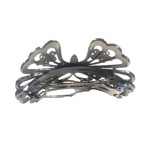 Hair Tension Clip Black Silver Tone Rhinestone Butterfly Garden Floral - Picture 3 of 5
